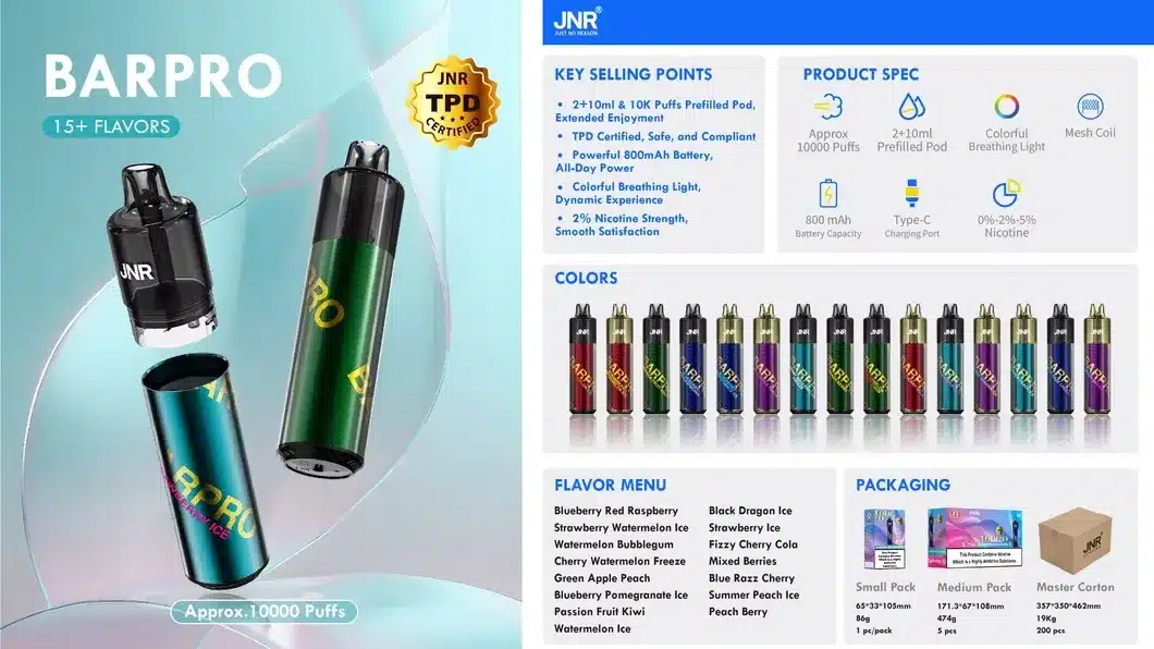 JNRJNR BarPro Pod Kit TPD Certified Vape 10000 Puffs 2ml +10ml Prefilled Pod 800mAh Rechargeable Batteryimgi jnr barpro puffs bood