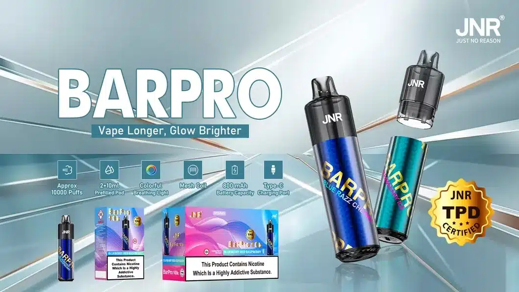 JNRJNR BarPro Pod Kit TPD Certified Vape 10000 Puffs 2ml +10ml Prefilled Pod 800mAh Rechargeable Batteryimgi jnr barpro puffs bood